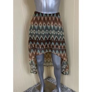 Womens High Low Skirt Lined Brown, Tan and Green Size XS Sheer Elastic Waist